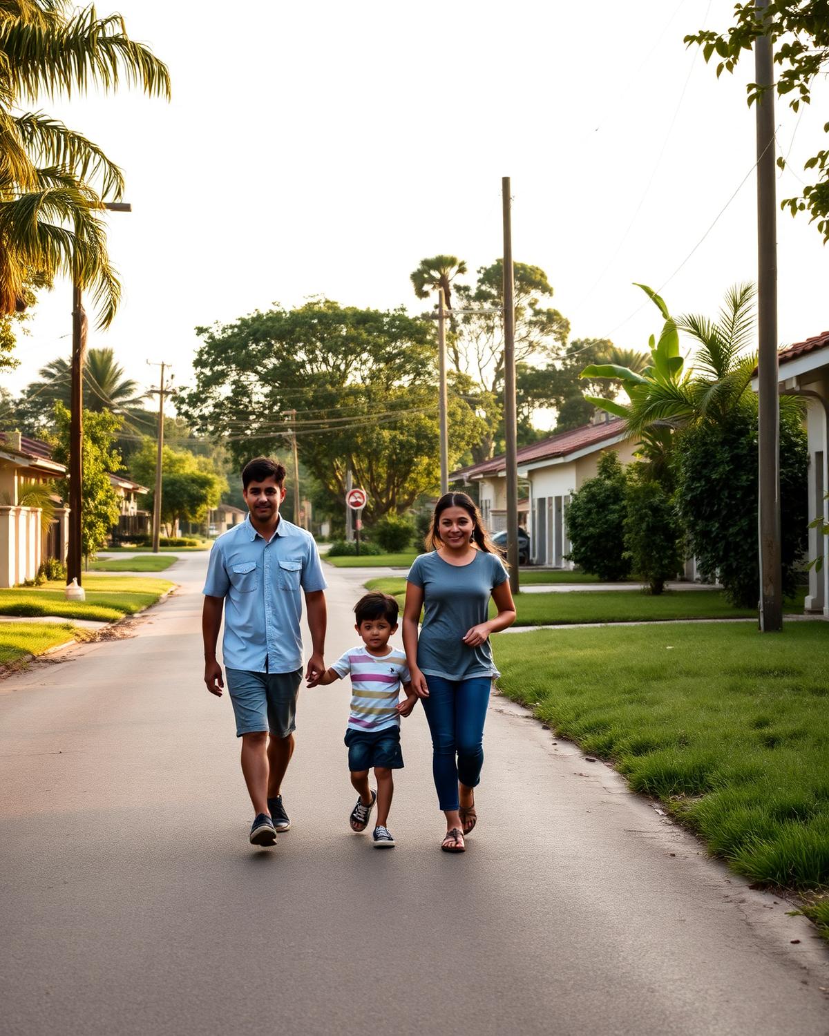 Familia recorriendo una calle residencial en un proyecto de CRECER